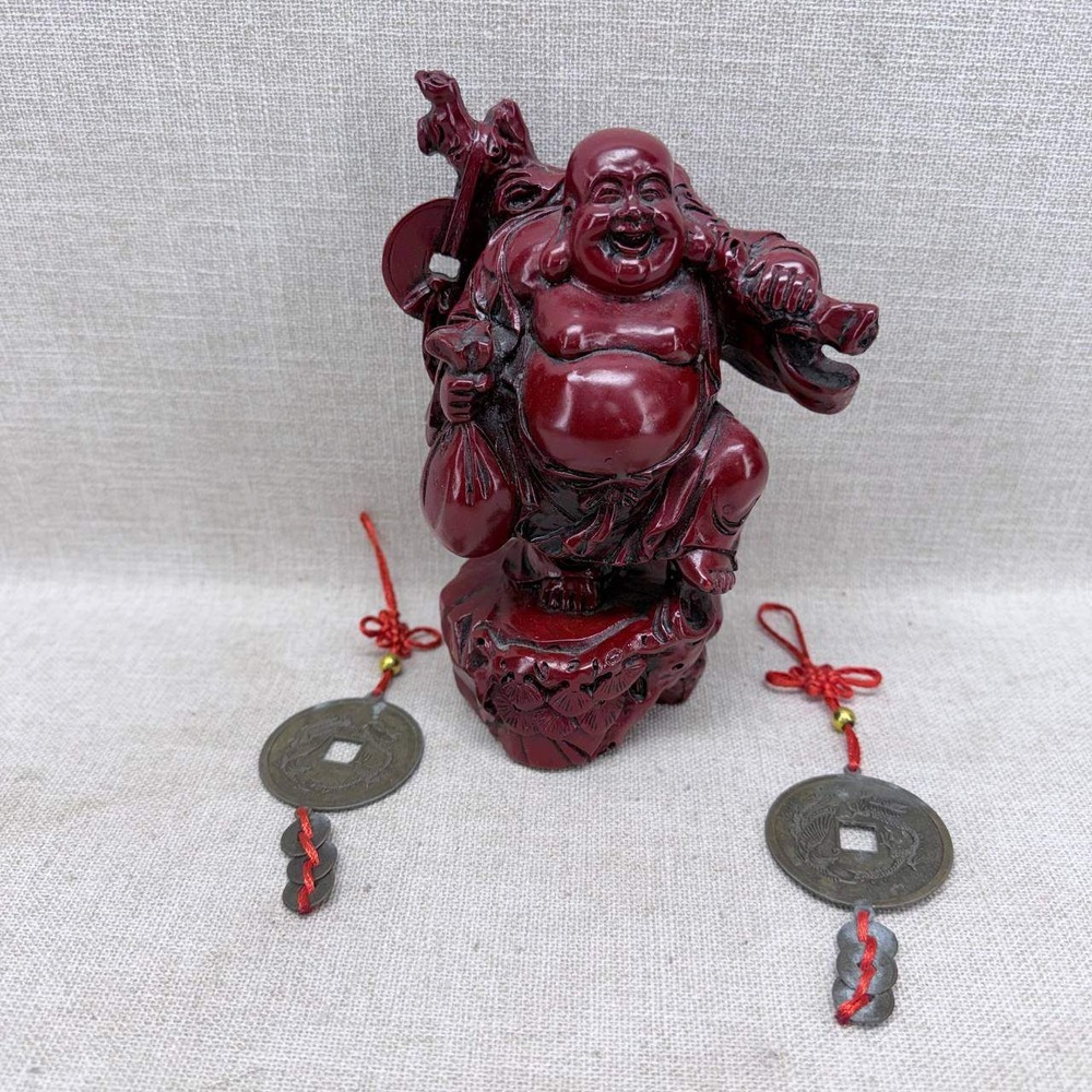 Red Cinnabar Resin Laughing Buddha Hotei Statue with Feng Shui Coins 6 Inch